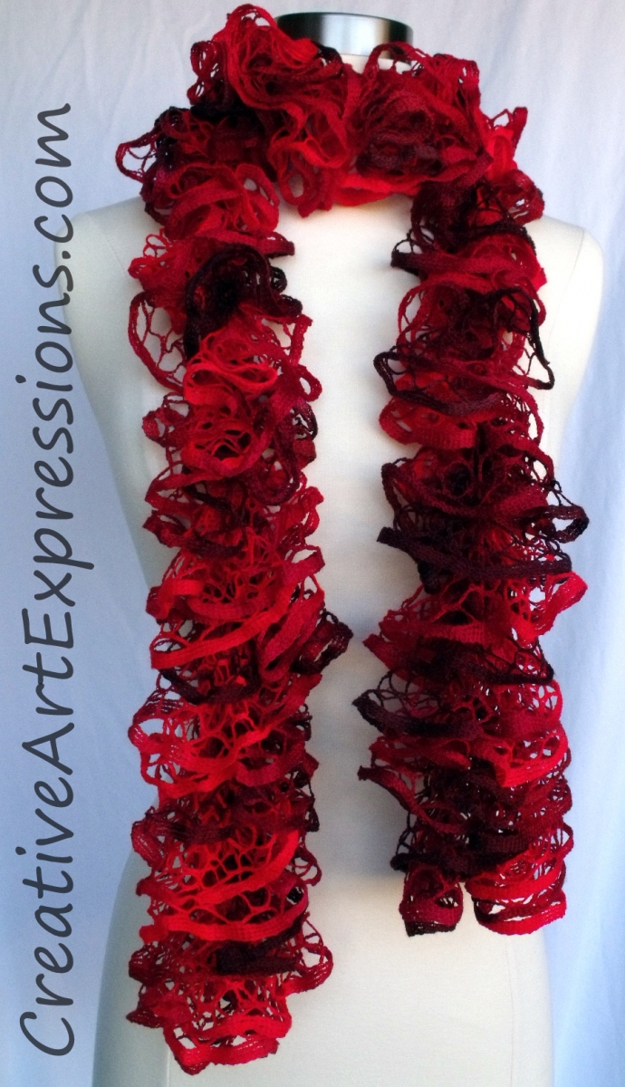 Creative Art Expressions Hand Knit Shades of Red Ruffle Scarf